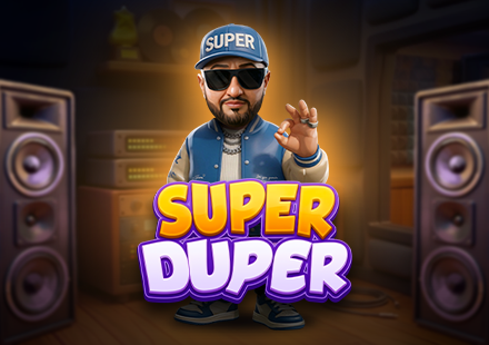 Super Duper featuring animated Super Sako in a music studio with RTP, max multiplier, and volatility statistics for a casino crash game.