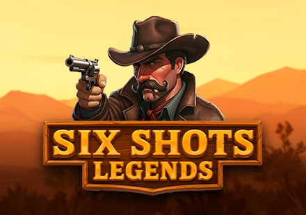 Six Shots Legends featuring a Wild West cowboy with a revolver in a sunset desert and game statistics for a casino slot game.