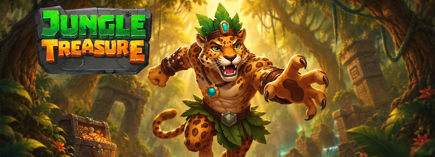 Jungle Treasure featuring a golden jaguar totem with glowing blue eyes for casino slot game.