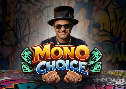 MONO CHOICE instant casino game with Alec Monopoly showcasing a red and blue pill guessing mechanic for online casino platforms